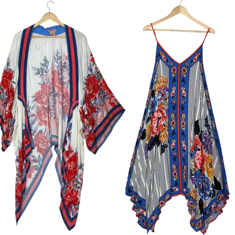 FLYING TOMATO sz S/M + X Small Kimono and Dress Set Floral Flowy Blue White